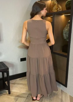 AX Paris Mocha Round Neck Ribbed Top Tiered Skirt Midi Dress