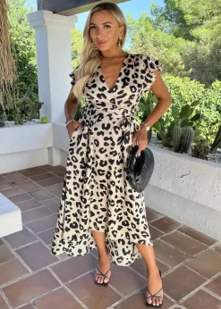 AX Paris Multi Black & Cream Leopard Print Short Sleeve Belted Wrap Midi Dress