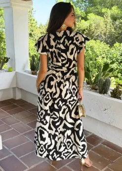 AX Paris Multi Black & White Abstract Print Short Sleeve Belted Wrap Midi Dress