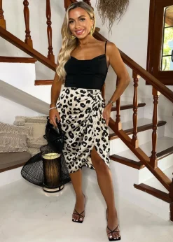 AX Paris Multi Black & Cream Leopard Print 2 In 1 Strappy Cowl Neck Gathered Midi Dress