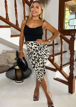 AX Paris Multi Black & Cream Leopard Print 2 In 1 Strappy Cowl Neck Gathered Midi Dress