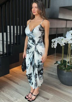 AX Paris Multi Black & White Marble Print Strappy Wrap Top Knot Skirt Midi Dress