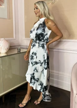AX Paris Multi Black & White Marble Print Halter Neck Tie Waist Frill Hem Midi Dress