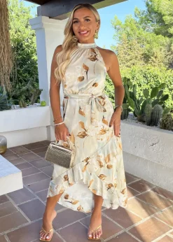 AX Paris Multi Blossom Print Halterneck Tie Waist Dipped Hem Midi Dress