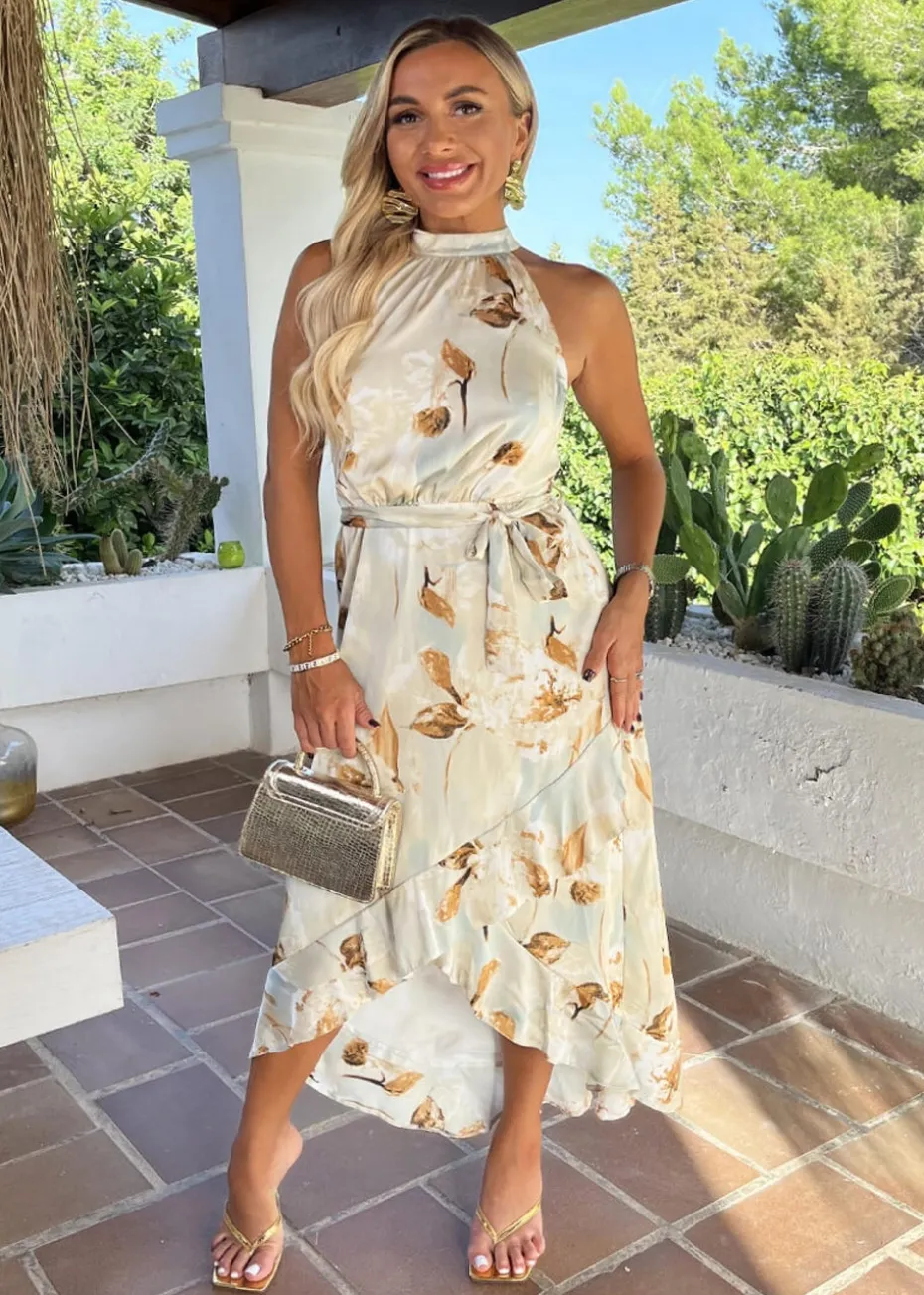 AX Paris Multi Blossom Print Halterneck Tie Waist Dipped Hem Midi Dress