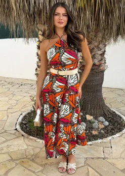AX Paris Multi Butterfly Print Halterneck Straw Belt Tiered Midi Dress