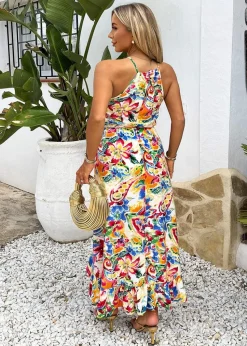 AX Paris Multi Garden Print Racer Neck Frill Hem Midi Dress