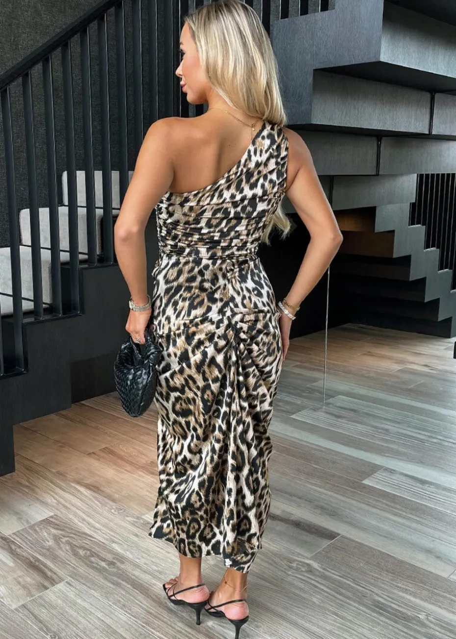 AX Paris Multi Leopard Print One Shoulder Knot Skirt Satin Midi Dress