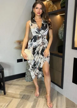 AX Paris Multi Marble Print Wrap Top Gathered Skirt Midi Dress