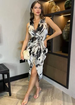 AX Paris Multi Marble Print Wrap Top Gathered Skirt Midi Dress