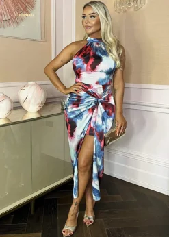 AX Paris Multi Smudge Print Halter Neck Knot Skirt Midi Dress