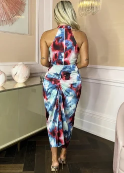 AX Paris Multi Smudge Print Halter Neck Knot Skirt Midi Dress