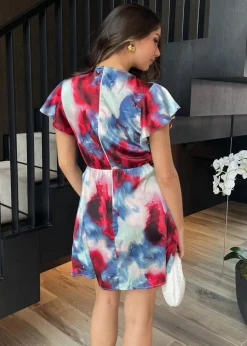 AX Paris Multi Smudge Print Flutter Sleeve Gathered Side Mini Dress