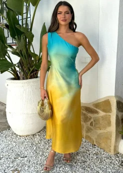 AX Paris Multi Sunset Ombre One Shoulder Open Back Twist Detail Midi Dress