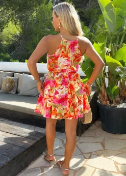 AX Paris Multi Tropical Print Racer Neck Drawstring Waist Mini Dress