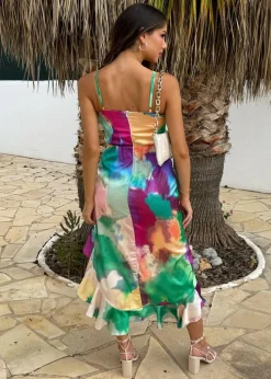 AX Paris Multi Watercolour Print Racer Neck High Low Frill Hem Midi Dress