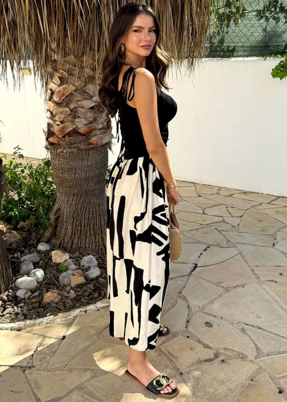 AX Paris Mutli Abstract Print 2 in 1 Ruched Side Tie Straps Midi Dress