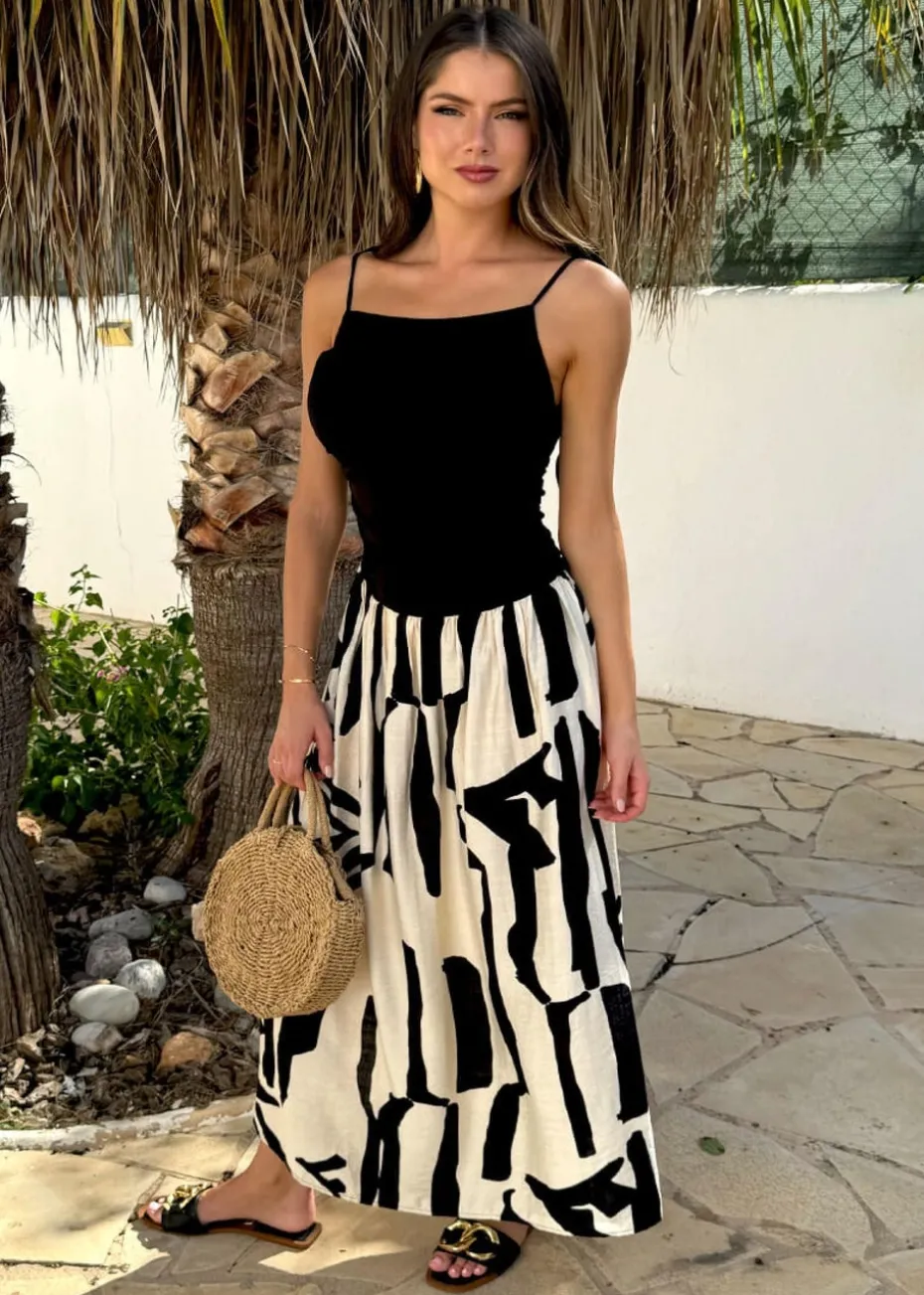 AX Paris Mutli Abstract Print 2 in 1 Ruched Side Tie Straps Midi Dress