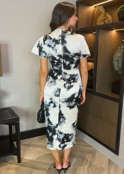 AX Paris Mutli Black & White Marble Print Flutter Sleeve Wrap Top Gathered Midi Dress