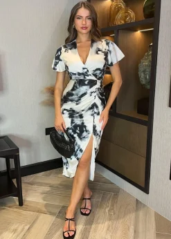AX Paris Mutli Black & White Marble Print Flutter Sleeve Wrap Top Gathered Midi Dress