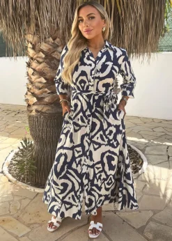 AX Paris Navy & Cream Abstract Print 3/4 Sleeve Tie Waist Shirt Midi Dress
