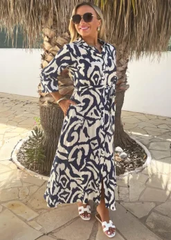 AX Paris Navy & Cream Abstract Print 3/4 Sleeve Tie Waist Shirt Midi Dress