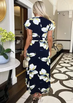AX Paris Navy Floral Print Short Sleeve Belted Wrap Midi Dress