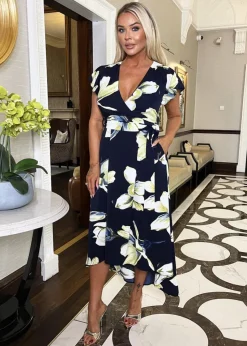 AX Paris Navy Floral Print Short Sleeve Belted Wrap Midi Dress