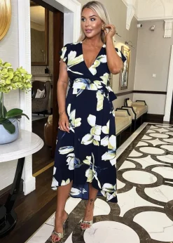 AX Paris Navy Floral Print Short Sleeve Belted Wrap Midi Dress