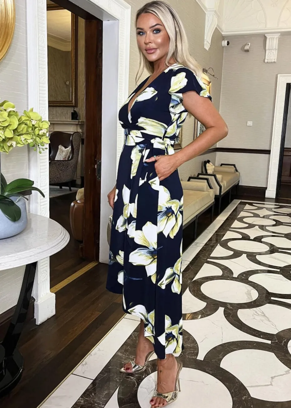 AX Paris Navy Floral Print Short Sleeve Belted Wrap Midi Dress