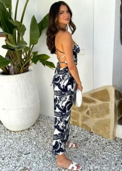 AX Paris Navy Leaf Print Strappy Tie Back Slip Midi Dress