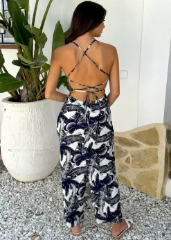 AX Paris Navy Leaf Print Strappy Tie Back Slip Midi Dress