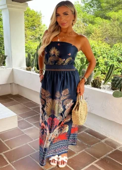 AX Paris Navy Safari Print Strapless Shirred Waist Side Split Midi Dress