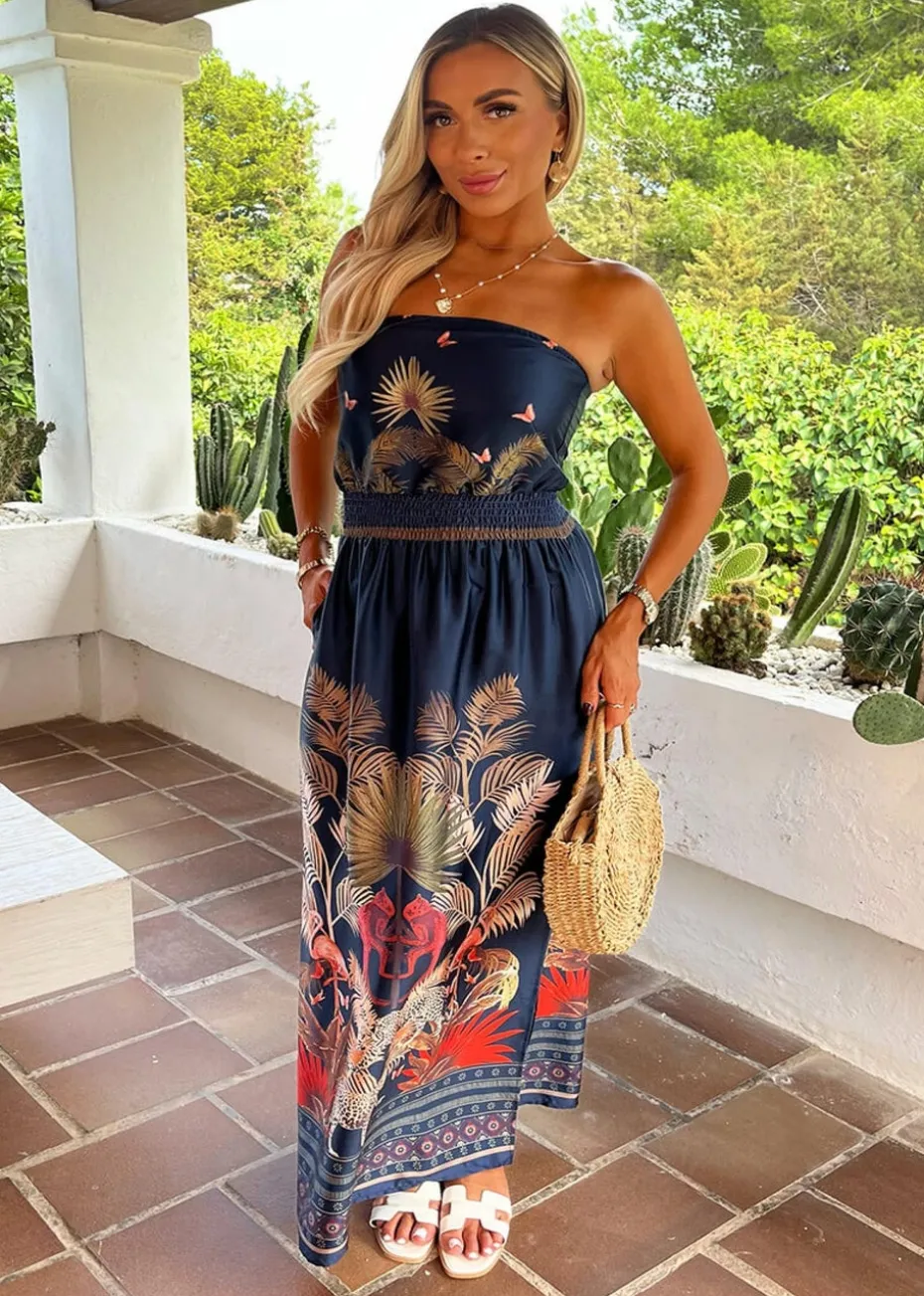 AX Paris Navy Safari Print Strapless Shirred Waist Side Split Midi Dress