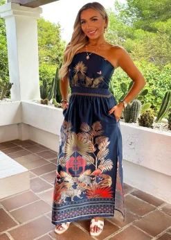 AX Paris Navy Safari Print Strapless Shirred Waist Side Split Midi Dress