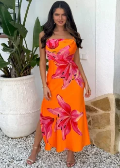 AX Paris Orange And Pink Floral Print Strappy Slip Midi Dress