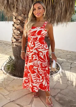 AX Paris Orange Tropical Print Shirred Straps Button Detail Midi Dress