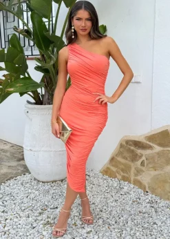 AX Paris Peach One Shoulder Asymmetric Hem Ruched Midi Dress