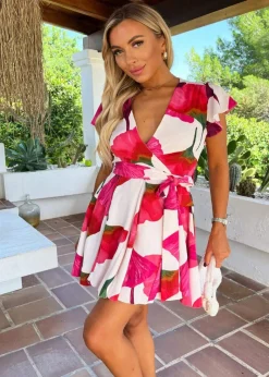 AX Paris Pink Floral Print Wrap Top Tie Waist Skater Mini Dress