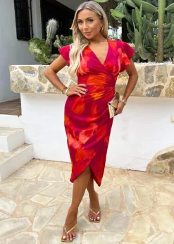 AX Paris Pink Smudge Print Flutter Sleeve Wrap Midi Dress