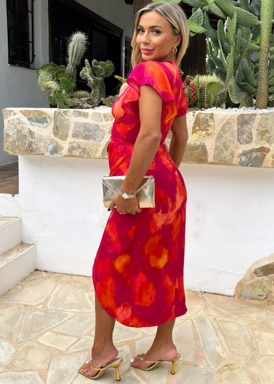 AX Paris Pink Smudge Print Flutter Sleeve Wrap Midi Dress