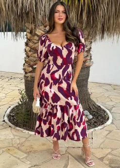 AX Paris Purple Animal Print Puff Sleeve Smock Midi Dress