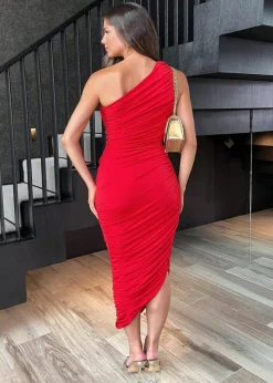 AX Paris Red One Shoulder Asymmetric Hem Ruched Midi Dress