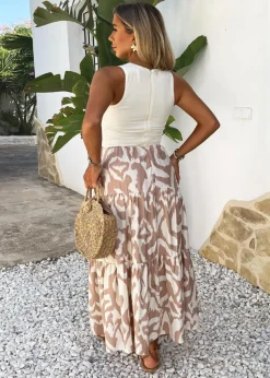 AX Paris Stone And Cream Abstract Print 2 In 1 Smock Midi Dress