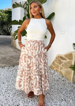 AX Paris Stone And Cream Abstract Print 2 In 1 Smock Midi Dress