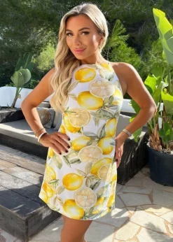 AX Paris Yellow Lemon Print Racer Neck Slip Mini Dress
