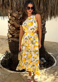 AX Paris Yellow Lemon Print Waist Cut Out Frill Hem Midi Dress