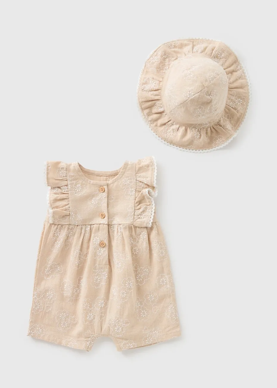 Baby Beige Embroidered Romper & Hat Set (Newborn-23mths)