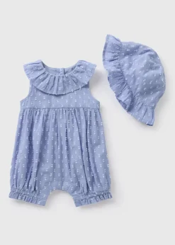 Baby Blue Dobby Romper & Hat Set (Newborn-23mths)