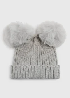 Baby Grey Double Pom Pom Beanie (Newborn-24mths)